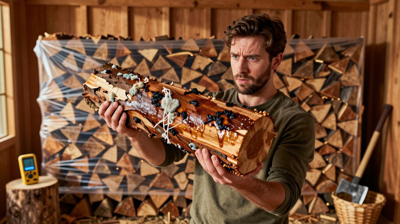 Homem segurando um tronco coberto de cogumelos, em cenário de lenha empilhada numa cabana de madeira.