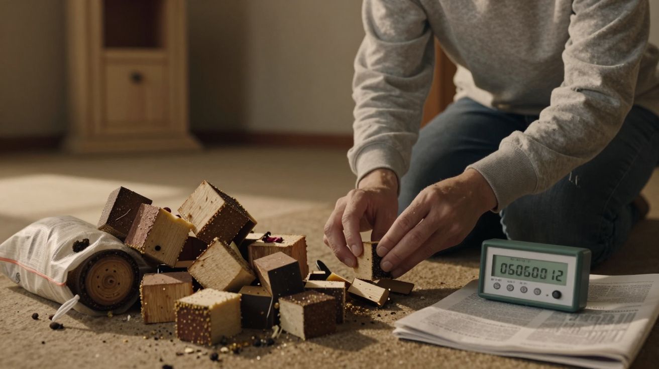 Pessoa a arrumar blocos de madeira e sementes no chão, com um temporizador digital e jornal ao lado.