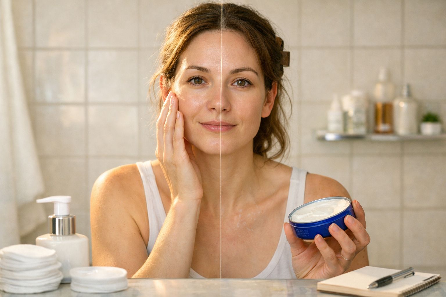 Mulher aplica creme no rosto enquanto se olha ao espelho na casa de banho, com toalha e plantas ao fundo.