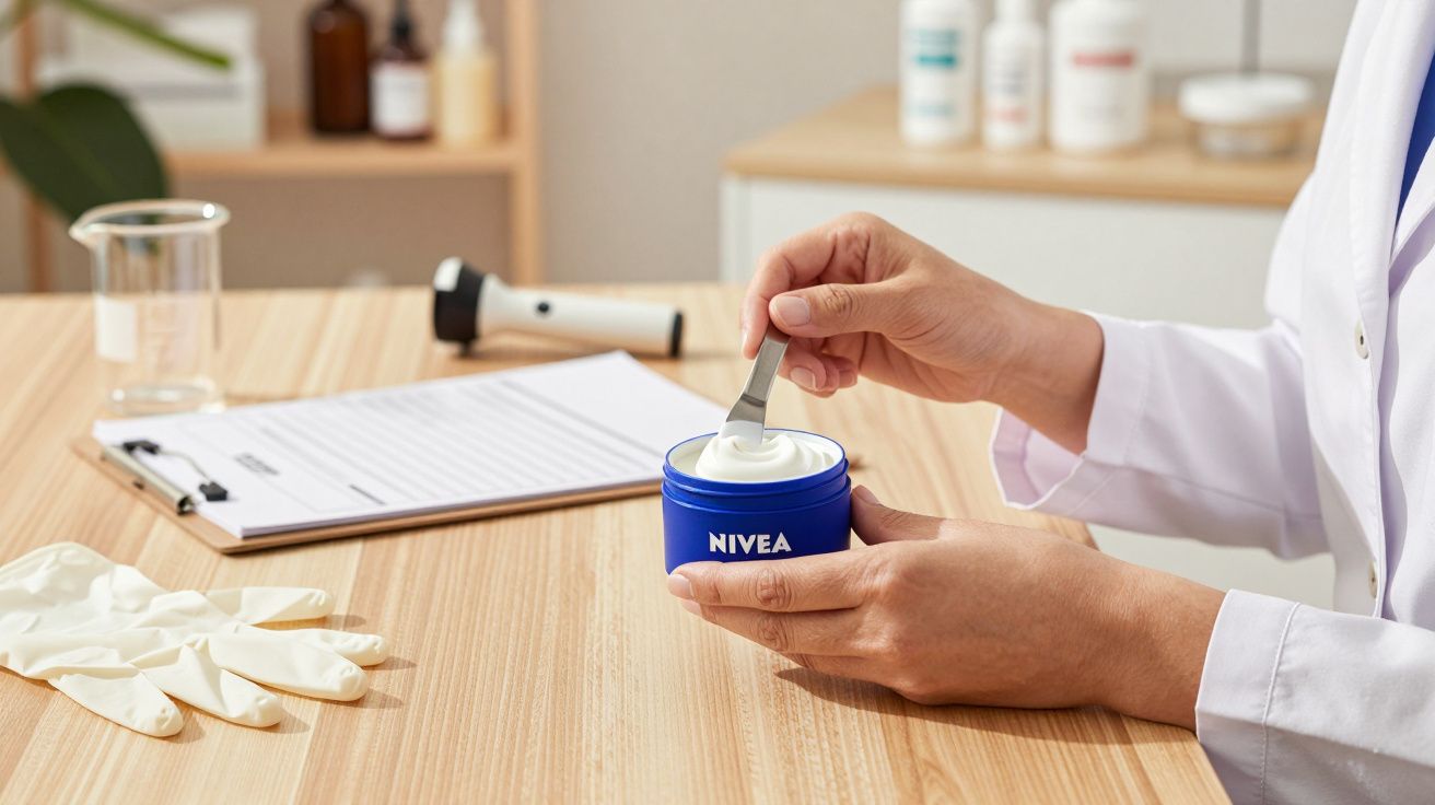 Mãos de médico seguram frasco de creme Nivea azul em mesa de madeira com luvas brancas e prancheta ao lado.