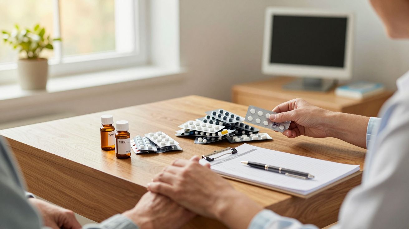 Médico e paciente numa consulta, com comprimidos e frascos sobre a mesa, papel e caneta ao lado.