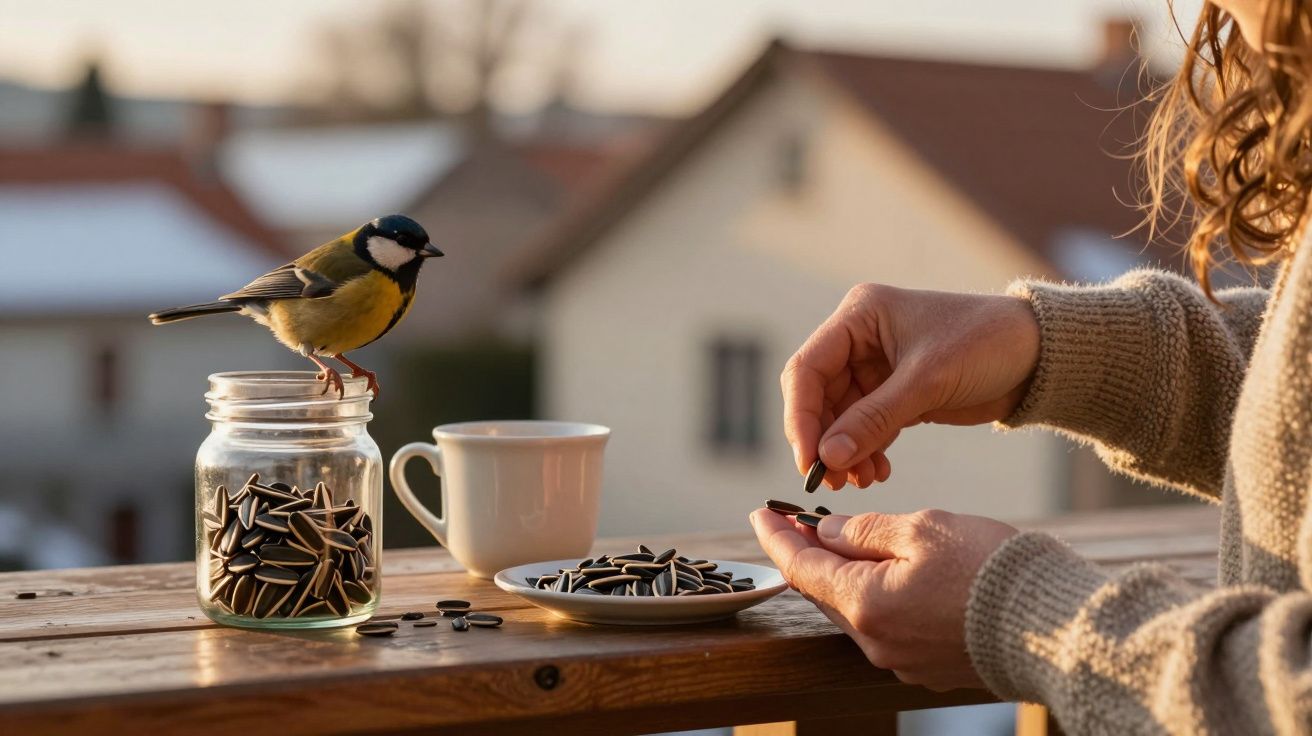 Pessoa a alimentar pássaro com sementes de girassol numa varanda, ao lado de um frasco e uma chávena.