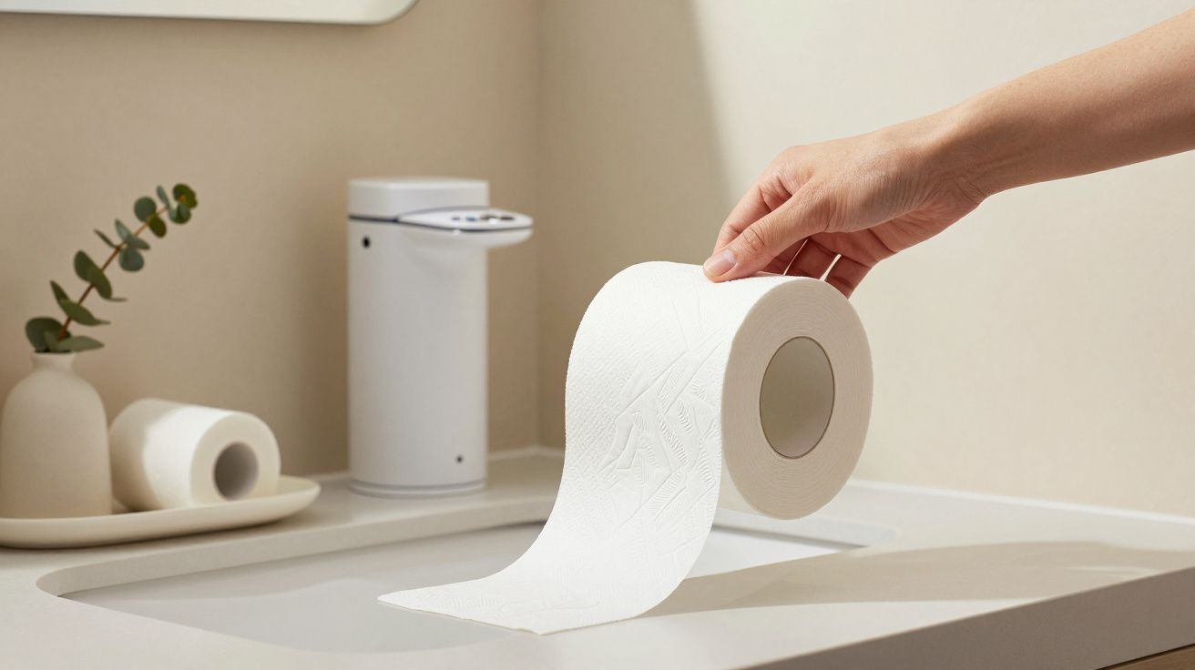 Mão segurando rolo de papel higiénico sobre lavatório com dispensador de sabonete e decoração minimalista.