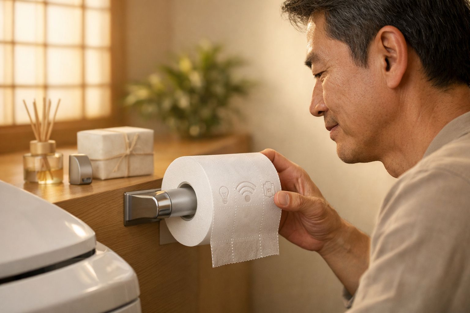 Mãos segurando rolo de papel higiénico sobre um lavatório com planta em vaso ao fundo.