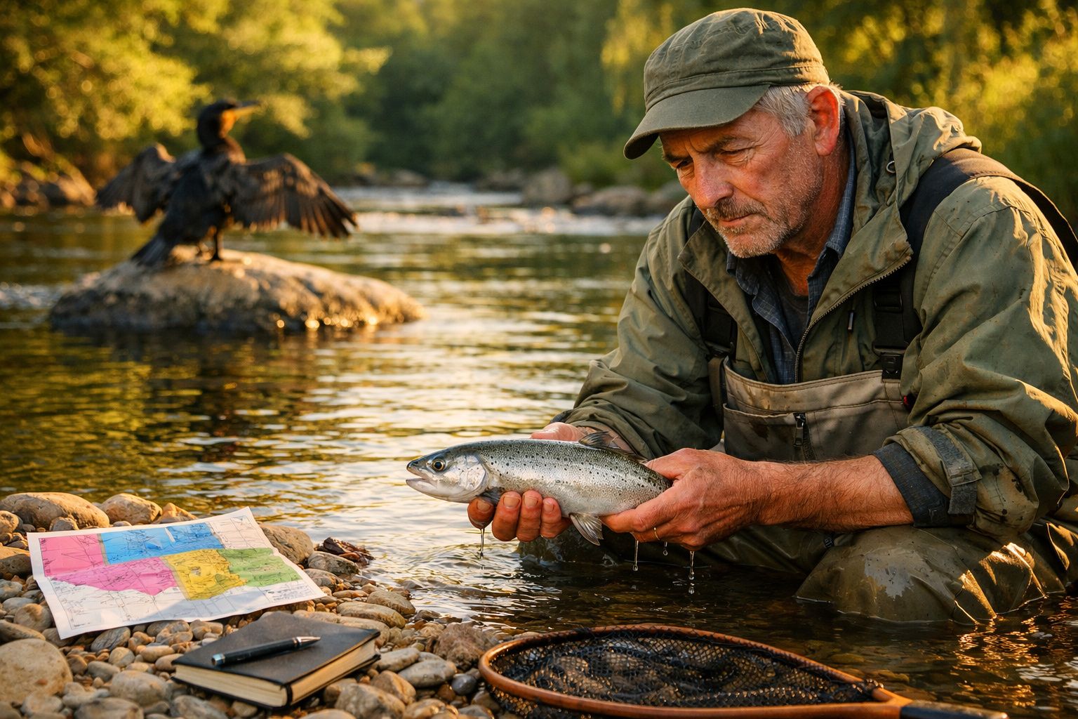 Homem analisando amostras em rio com um mapa ao lado e corvo próximo, rodeado por vegetação e montanhas.