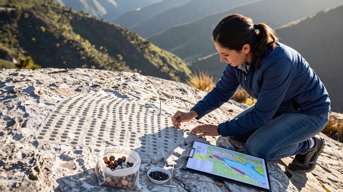 Mulher ajoelhada em montanha, analisando pedras com mapa e tabela ao lado, sob sol suave.