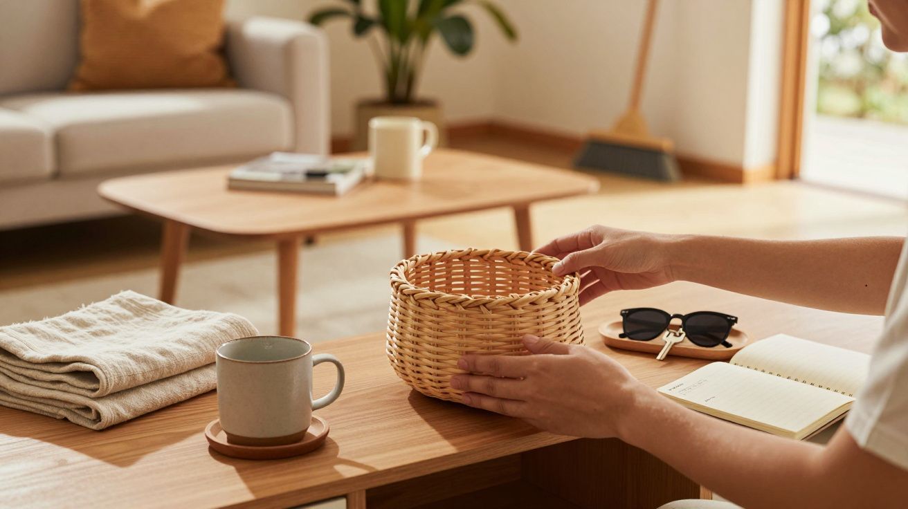 Pessoa arruma cesta num sala de estar moderna com mesa de madeira, chávena, livro, toalha e óculos de sol.