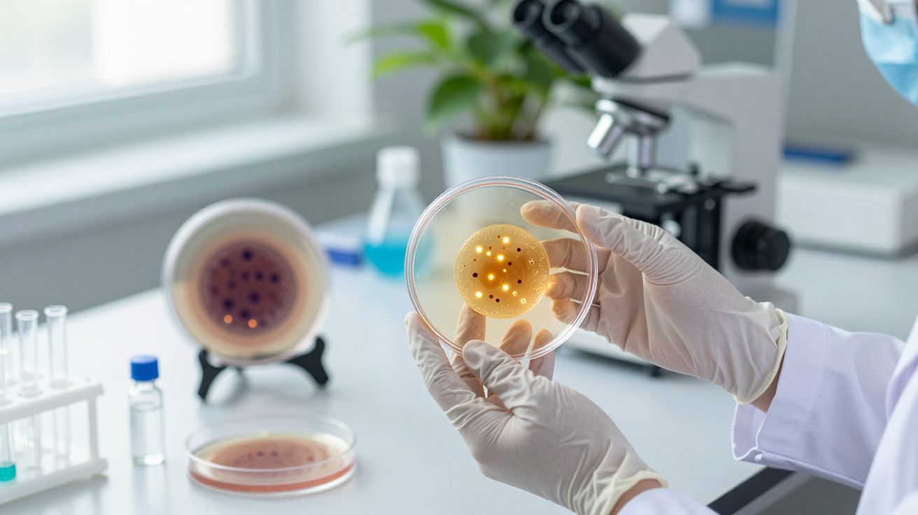 Pessoa com luvas segura placa de Petri com amostra bacteriana em laboratório. Microscópio e tubos de ensaio ao fundo.