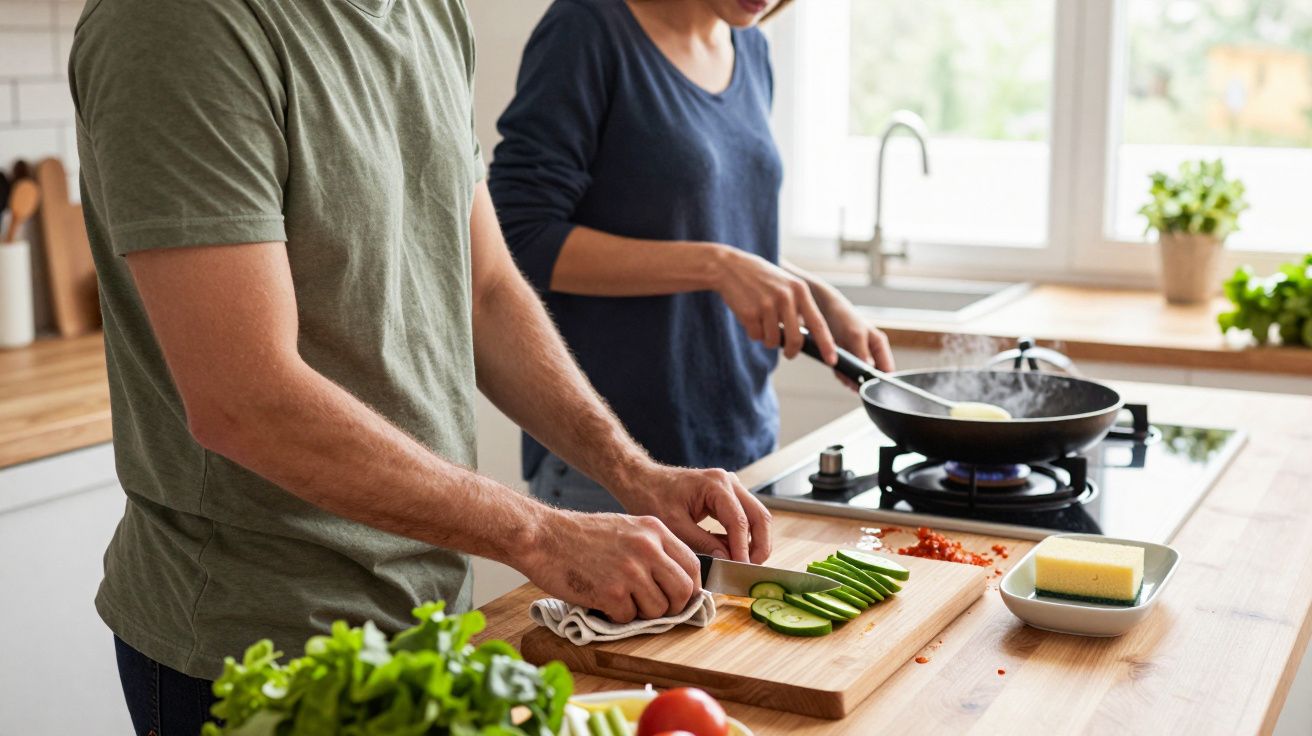 Duas pessoas a preparar comida numa cozinha, uma a cortar pepinos, a outra a cozinhar numa frigideira ao fogão.
