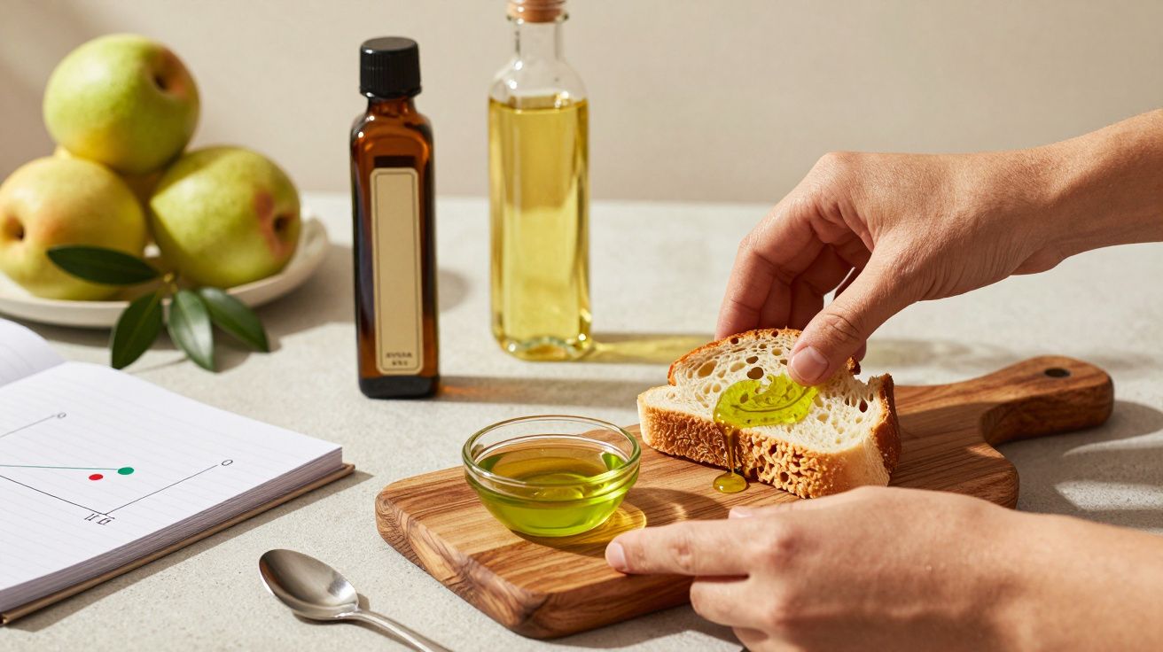 Mãos espalham azeite numa fatia de pão sobre tábua de madeira. Garrafas e taça de azeite ao lado, com peras ao fundo.