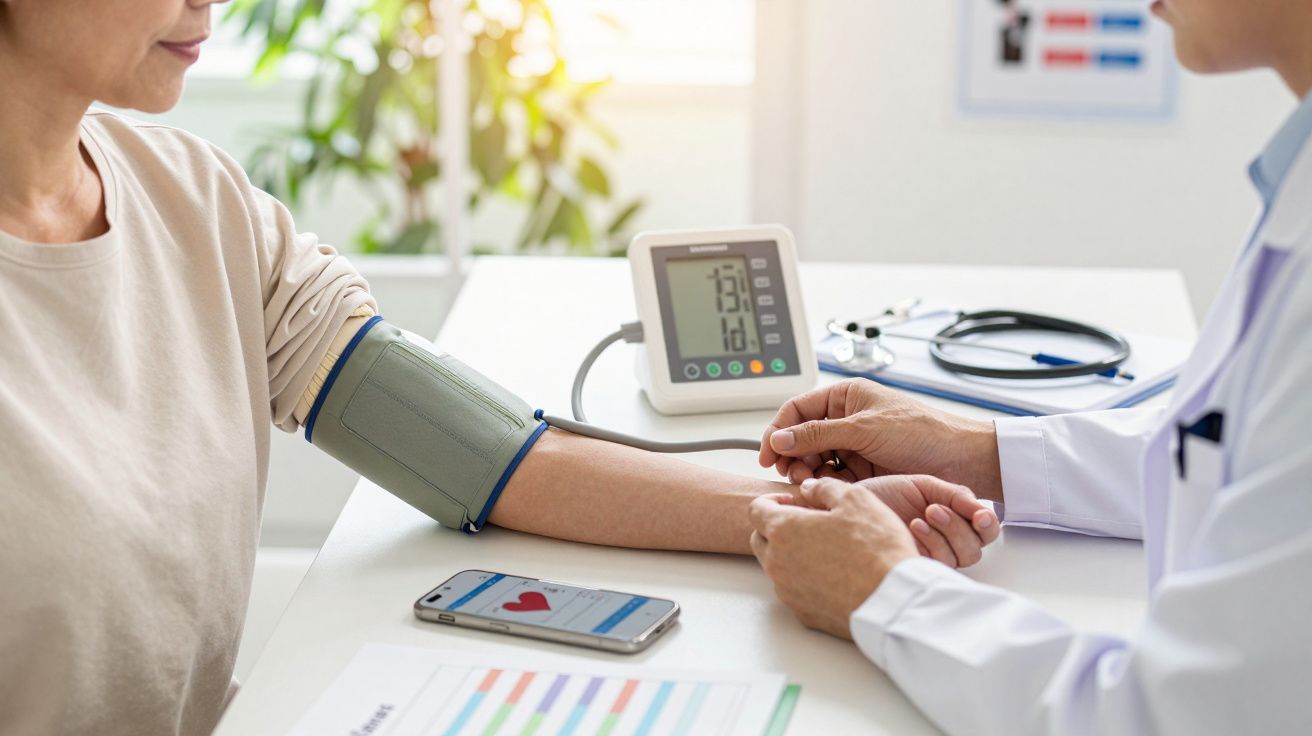 Médico mede a pressão arterial de um paciente, com um monitor e smartphone numa mesa de consultório.