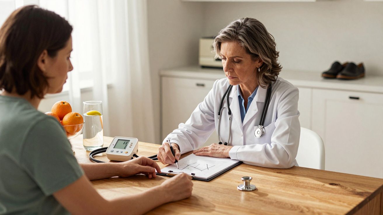 Médica com estetoscópio escreve num formulário, enquanto paciente está sentada à mesa com medidor de pressão ao lado.