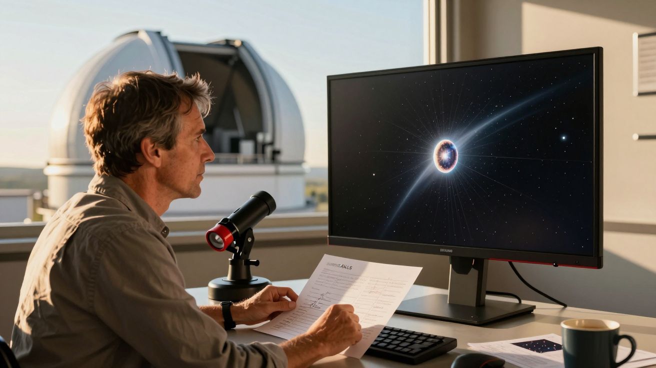 Homem analisa imagem de corpo celeste num monitor, com cúpula de observatório ao fundo.