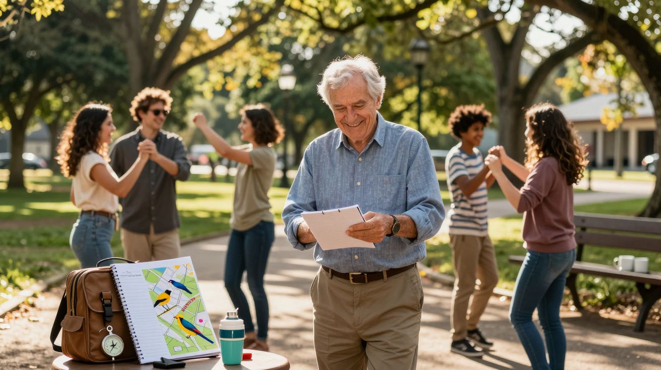 Homem idoso lê papel em parque; grupo ao fundo conversa e dança. Mesa com mochila e mapa em primeiro plano.