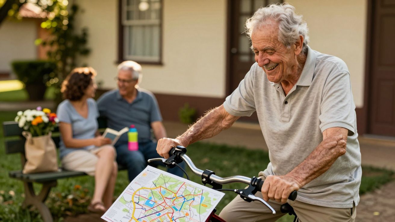 Homem idoso sorridente olha para um mapa numa bicicleta; casal ao fundo sentado num banco de jardim.