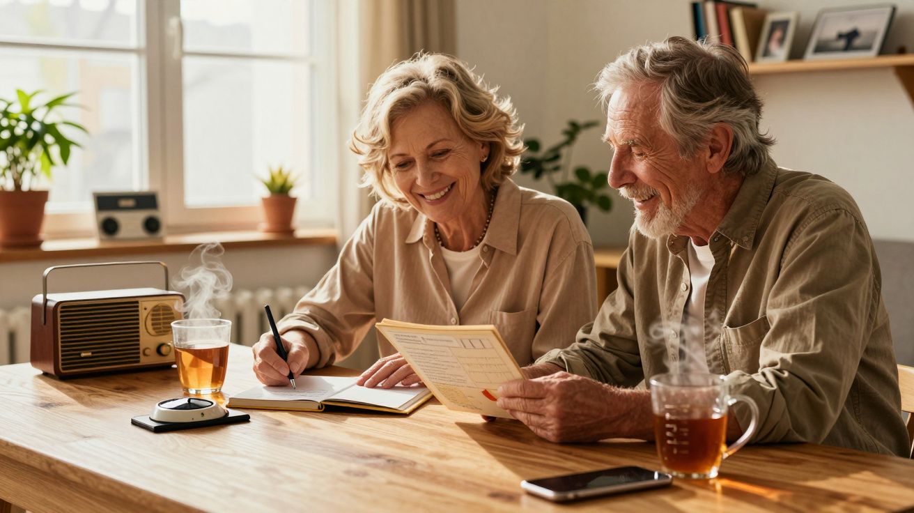 Casal idoso feliz sentado à mesa, lendo documentos e tomando chá numa sala iluminada pelo sol.