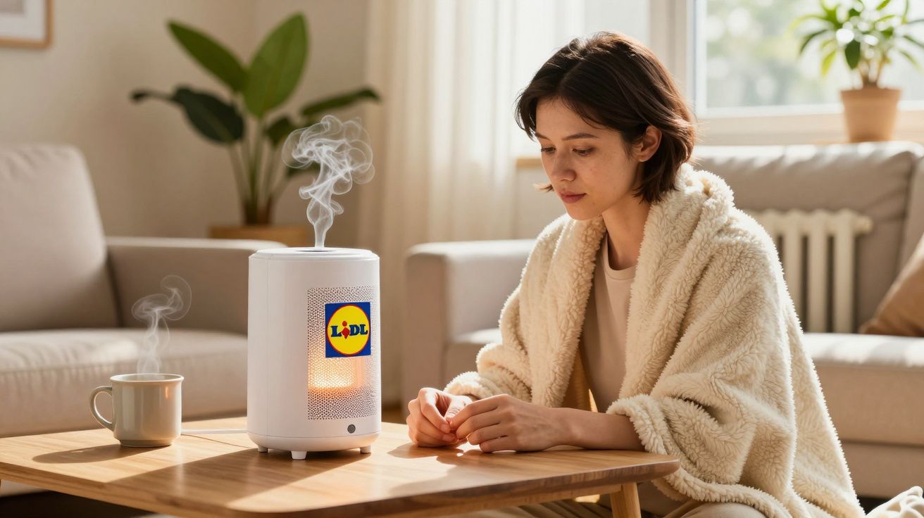 Mulher sentada à mesa com um roupão, observando um humidificador Lidl que solta vapor, numa sala de estar iluminada.