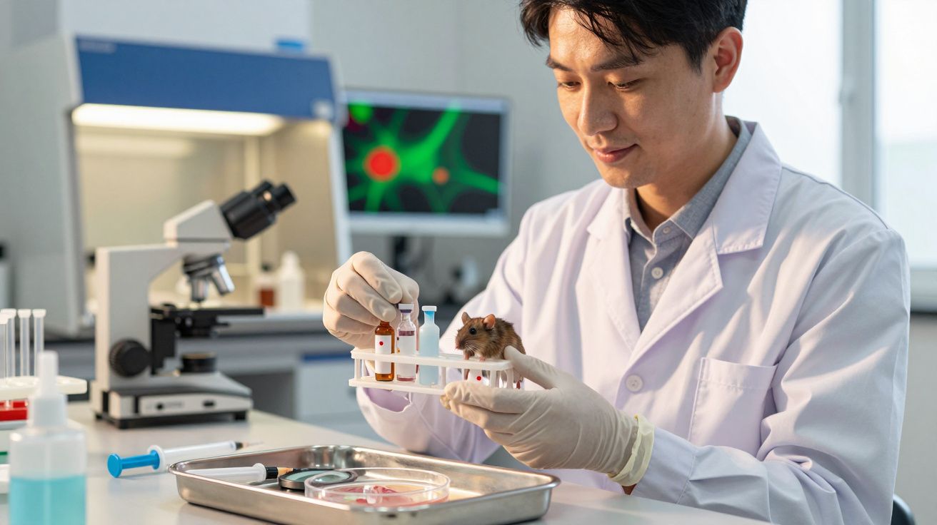 Cientista em laboratório segurando rato em suporte com frascos, microscópio ao fundo.