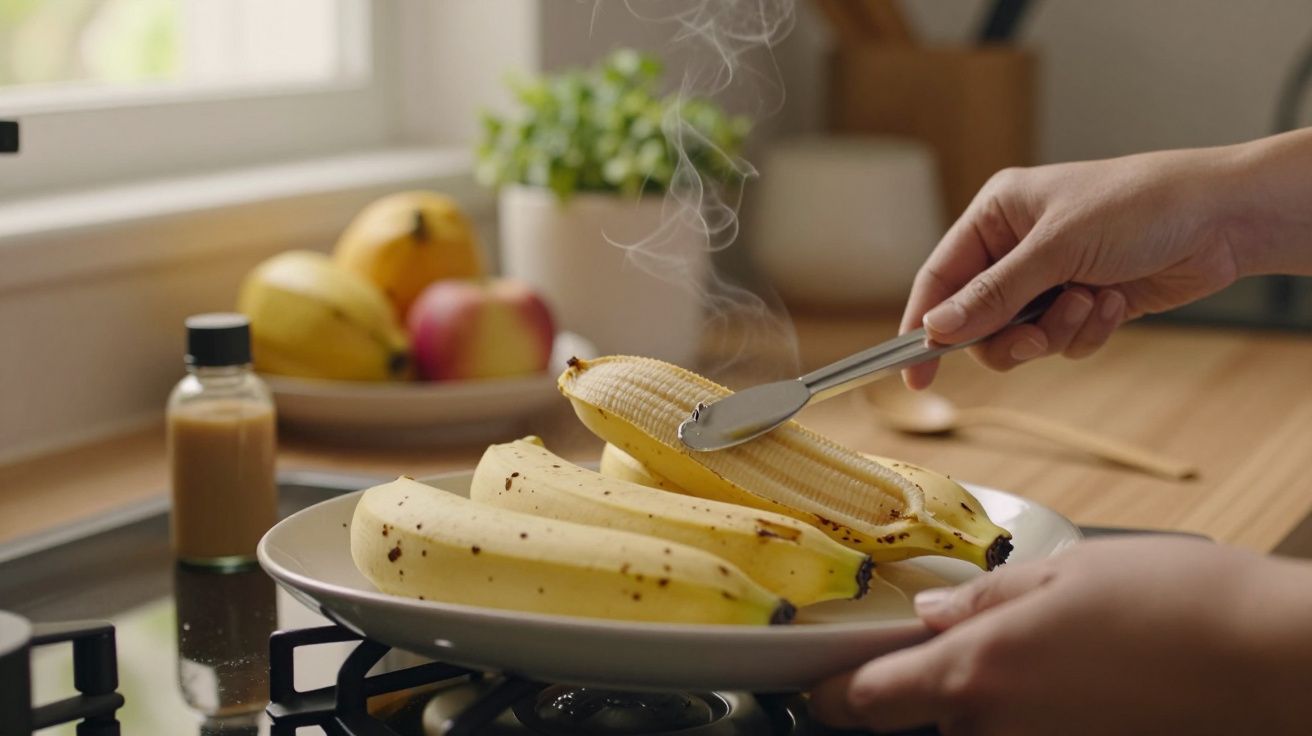 Pessoa a cozinhar bananas numa frigideira, com vapor visível na cozinha bem iluminada. Fruta e molho ao fundo.