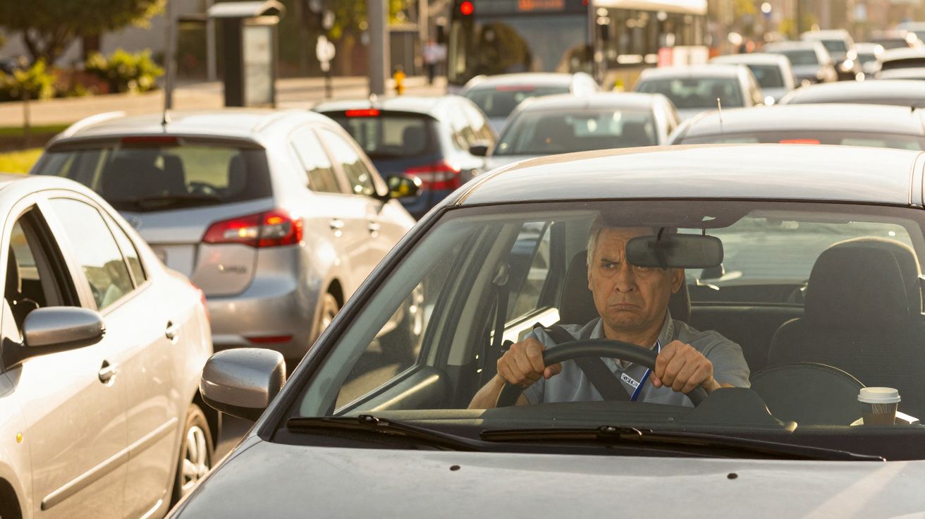Condutor sério preso no trânsito urbano matinal, com vários carros à frente.