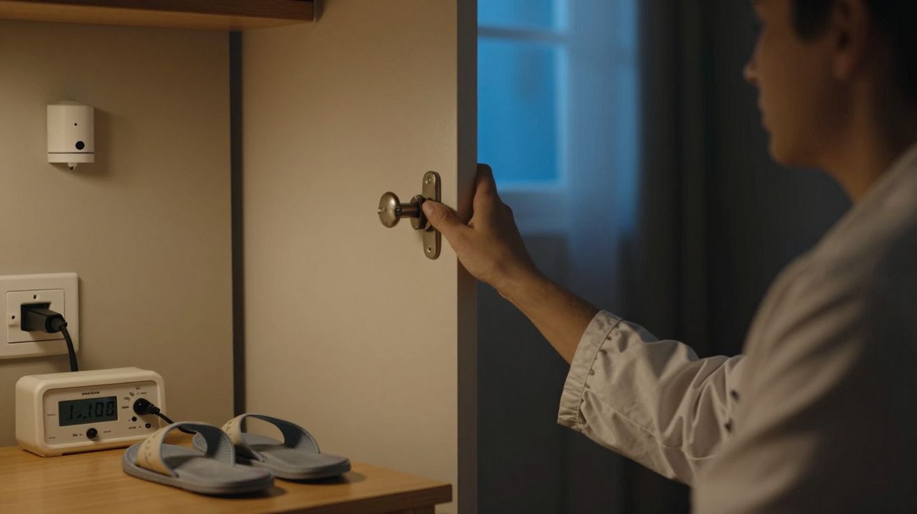 Pessoa a abrir porta, chinelos e despertador em cima de uma mesa de cabeceira, ambiente iluminado fracamente.