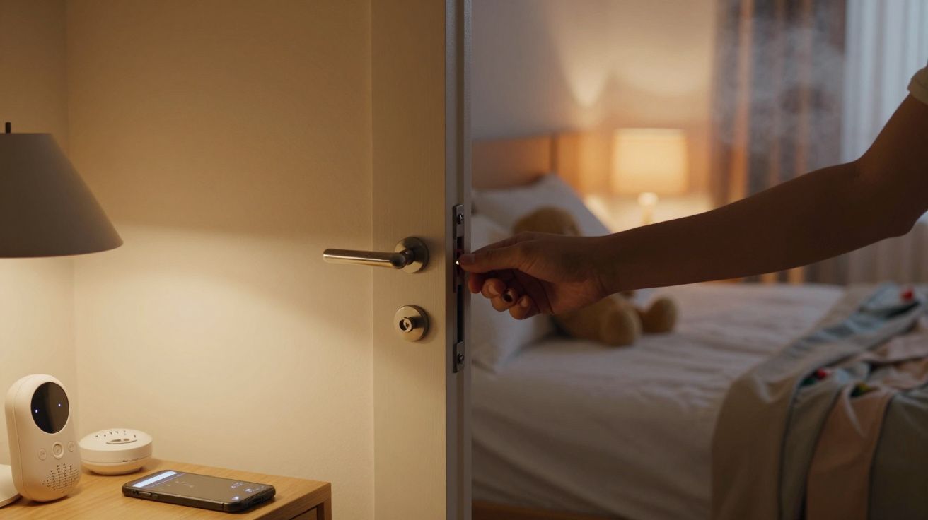 Pessoa a abrir porta de quarto iluminado com cama e mesa de cabeceira com smartphone.