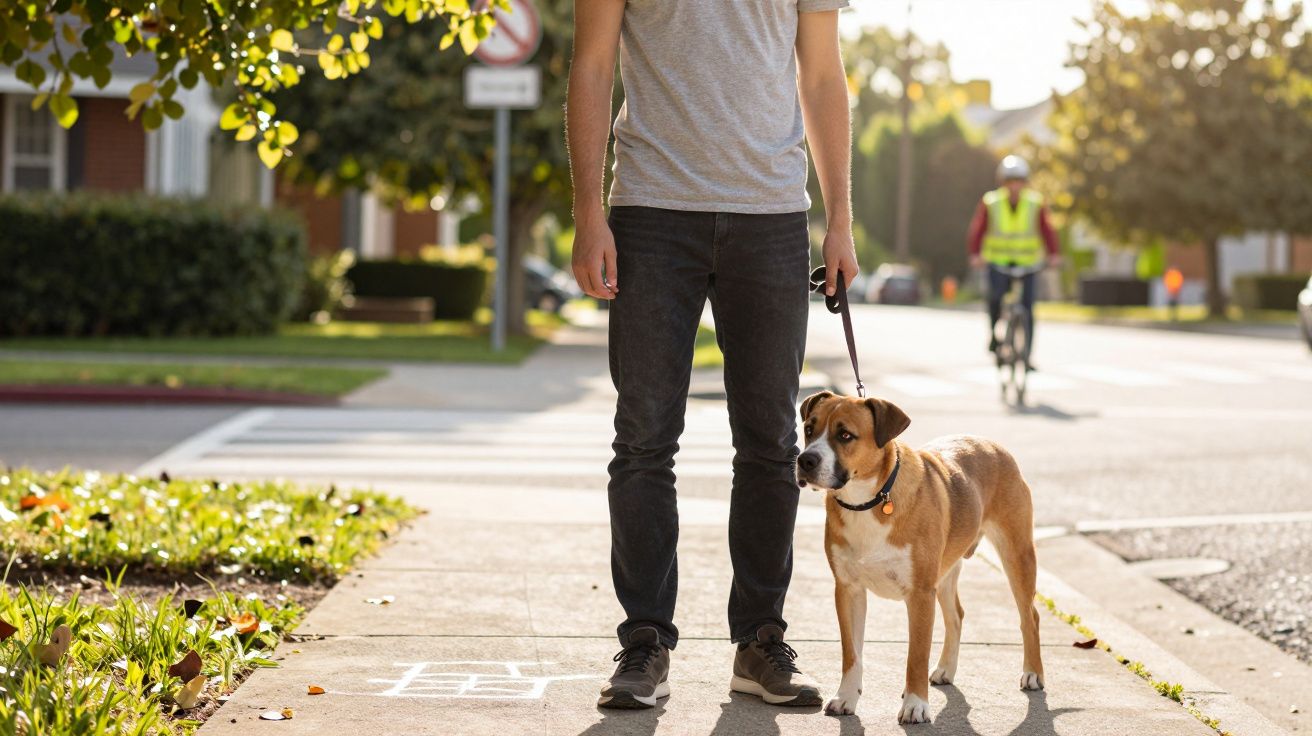 Pessoa com camisa cinza passeia com cão numa calçada ensolarada, ciclista ao fundo.