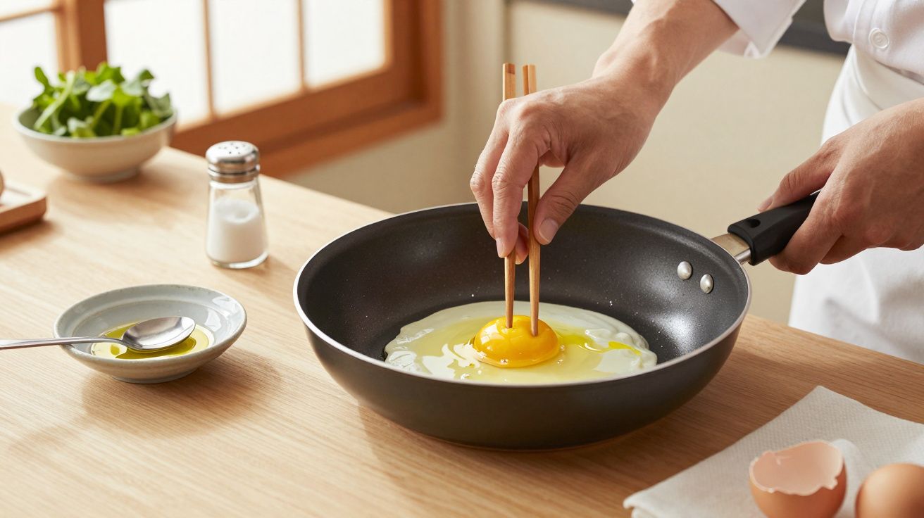 Pessoa cozinha ovo numa frigideira preta, num balcão com sal, espinafre e casca de ovo ao lado.
