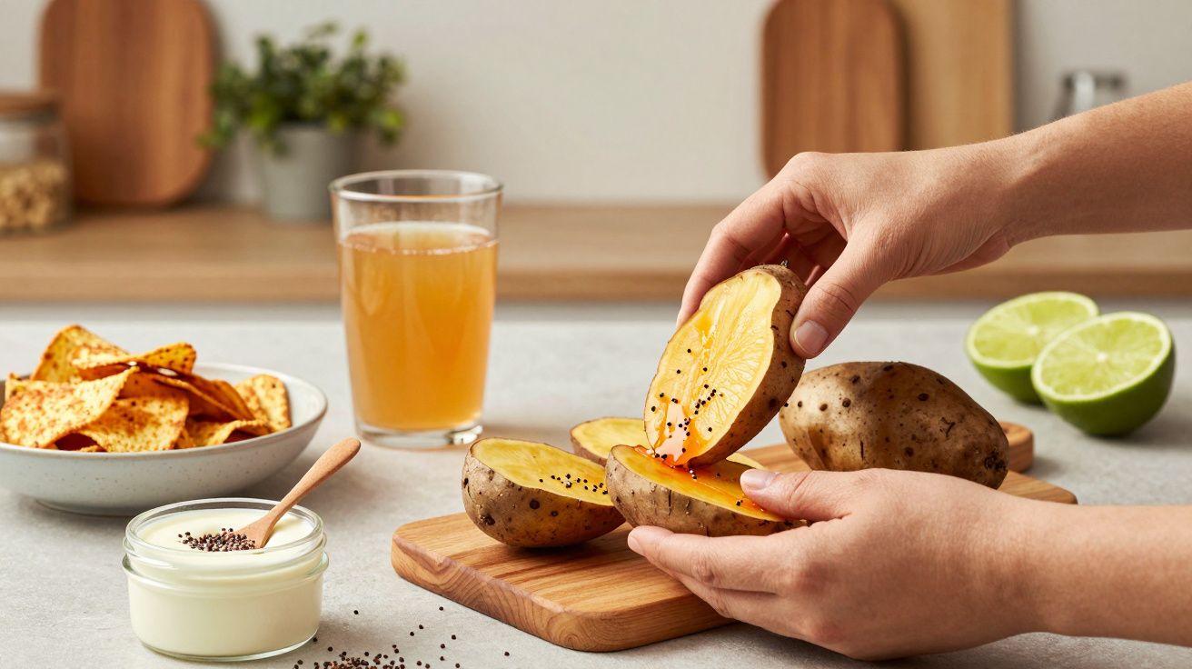 Mãos seguram batata-doce assada, com pratos de aperitivos, sumo e limões ao fundo numa bancada de cozinha.