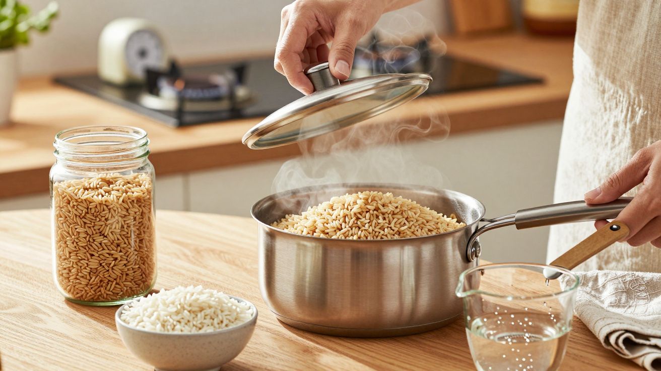 Mão destapa panela cheia de arroz cozinhado, ao lado de frasco de arroz cru e tigela em bancada de madeira.
