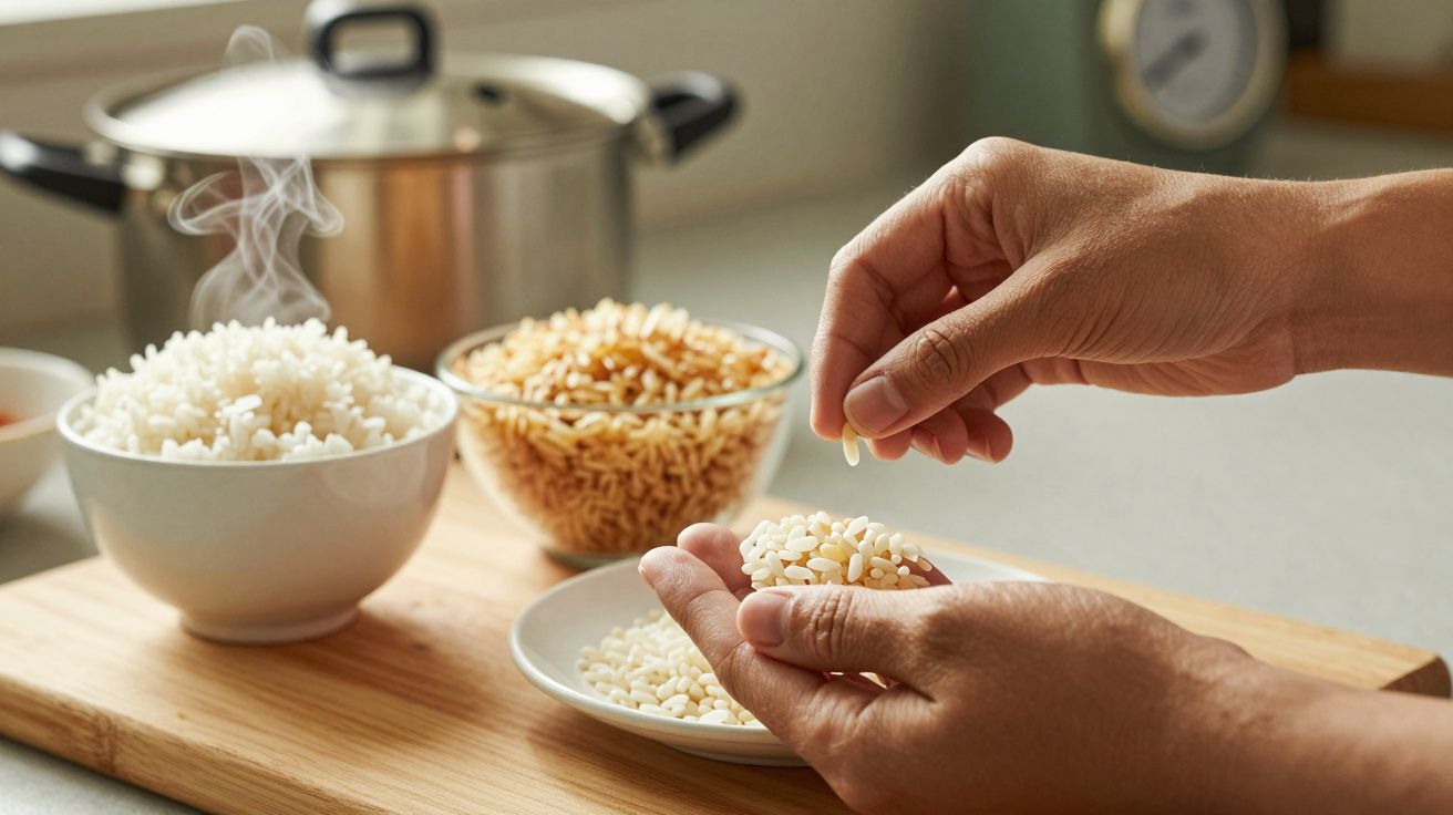 Mãos segurando grãos de arroz cru em frente a tigelas de arroz cozido e cru numa cozinha.
