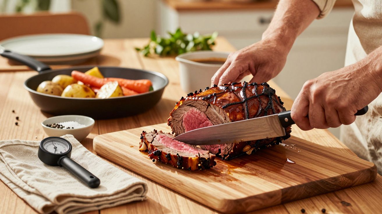 Pessoa a cortar carne assada numa tábua de madeira com faca. Ao lado, prato com batatas e cenouras cozidas.