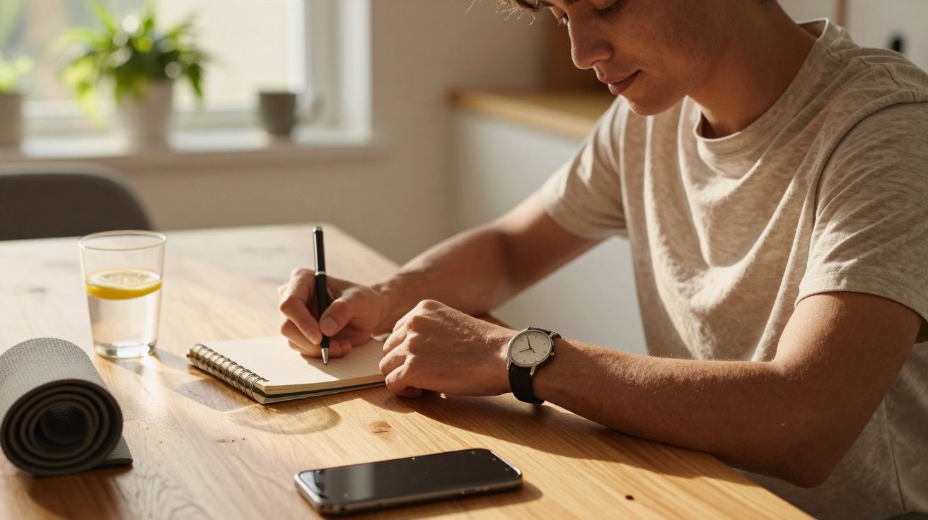 Homem escrevendo em caderno numa mesa de madeira, com um telemóvel, copo de sumo e tapete de ioga ao lado.
