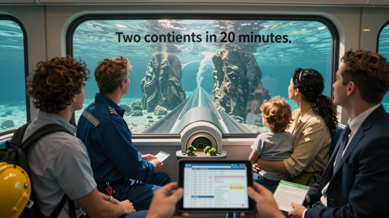 Pessoas num túnel subaquático observando estátuas antigas, com texto "Dois continentes em 20 minutos" na janela.
