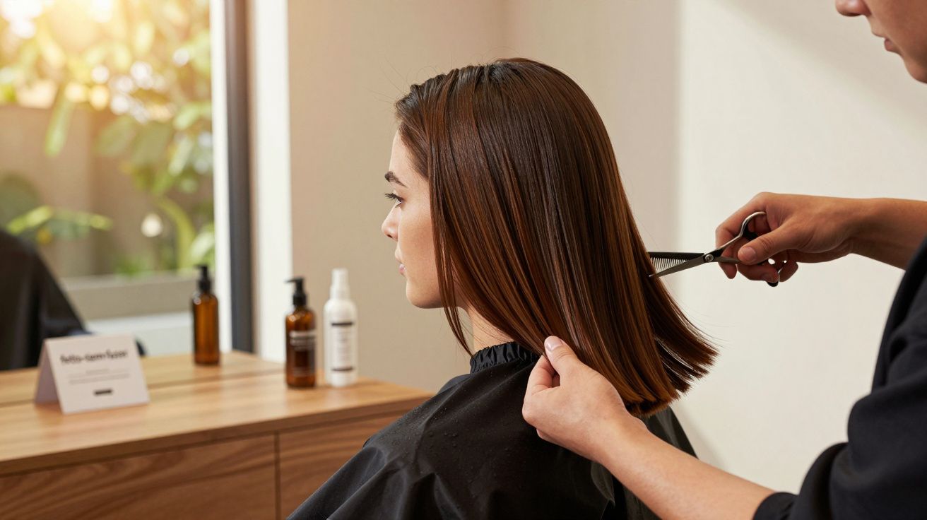 Mulher num salão de cabeleireiro a cortar o cabelo reto, ao lado de uma janela com luz natural.