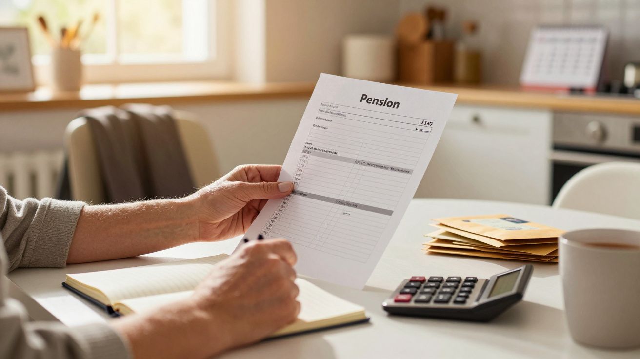 Pessoa segurando documento de pensão, com caderno, calculadora e chá em cima da mesa.