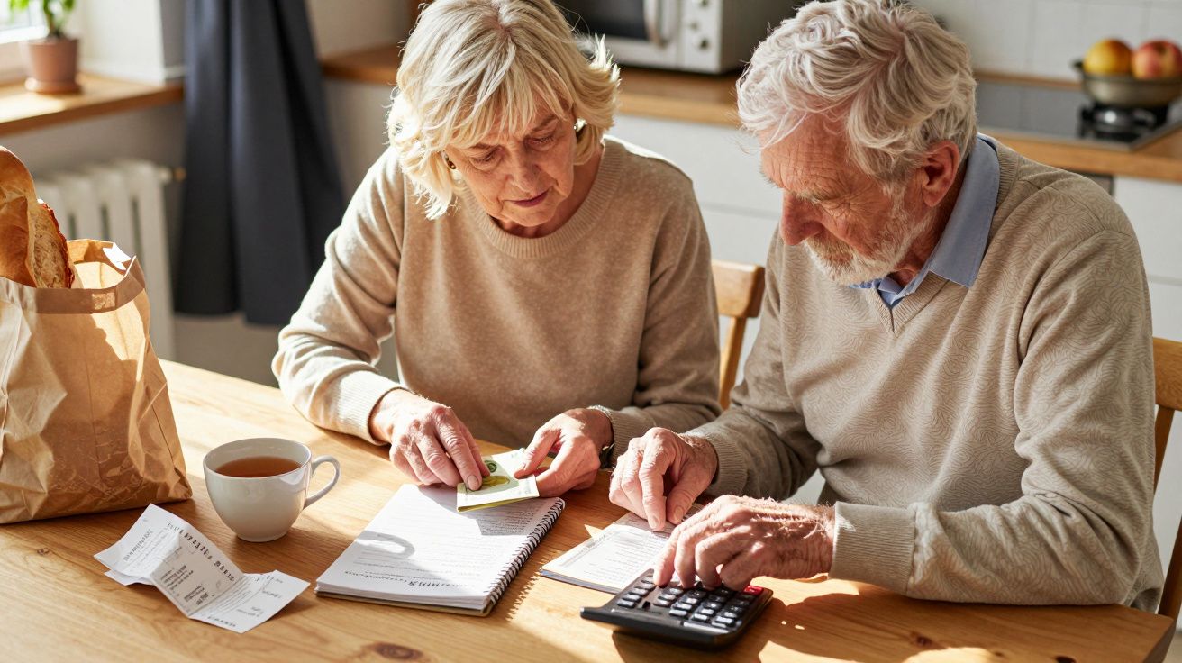 Casal idoso sentado à mesa, a calcular contas com calculadora, caderno e recibos.