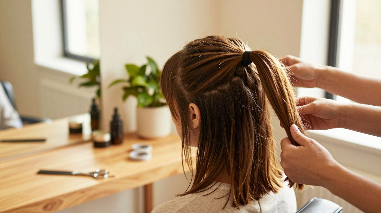 Pessoa a pentear cabelo castanho comprido num salão, com espelho e plantas ao fundo.