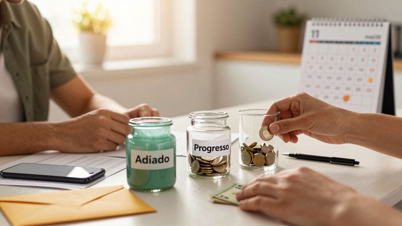 Pessoa coloca moedas em frasco "Progresso" ao lado de frascos "Adiado" e calendário em fundo.
