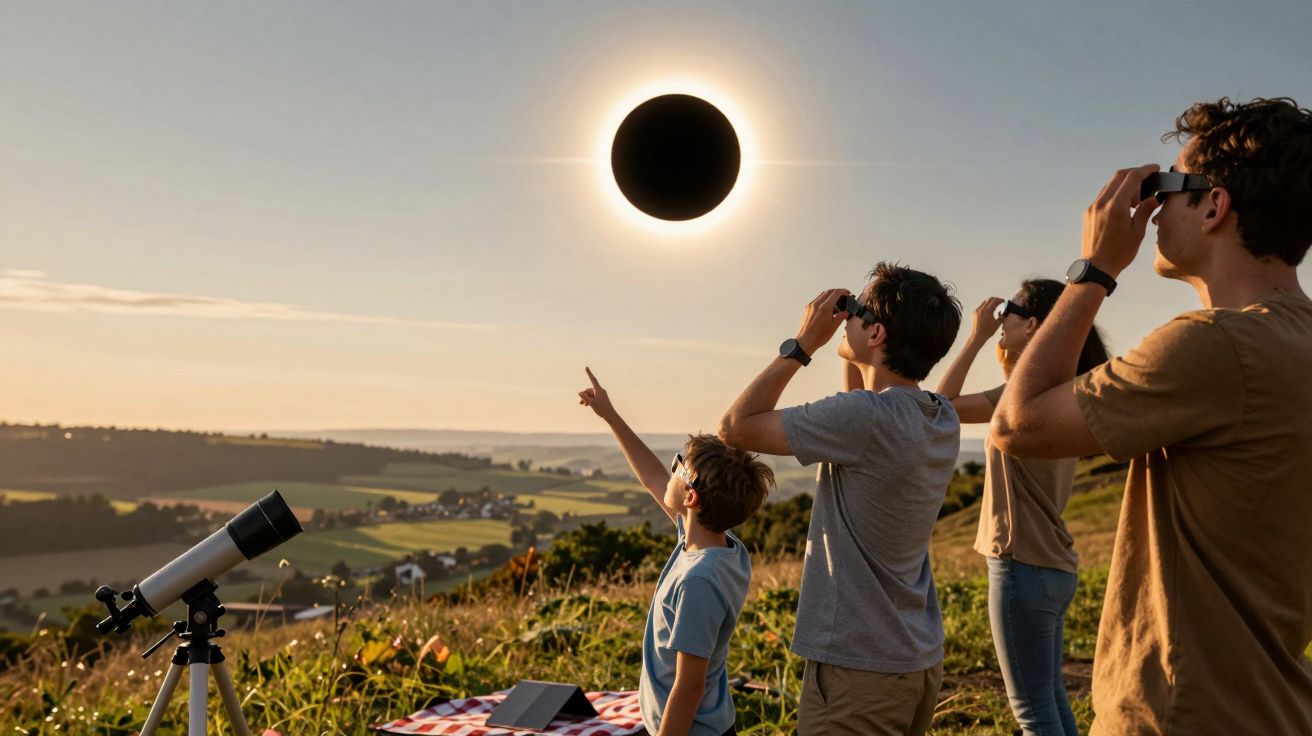 Pessoas observam um eclipse solar com óculos de proteção e telescópio em um campo ao entardecer.