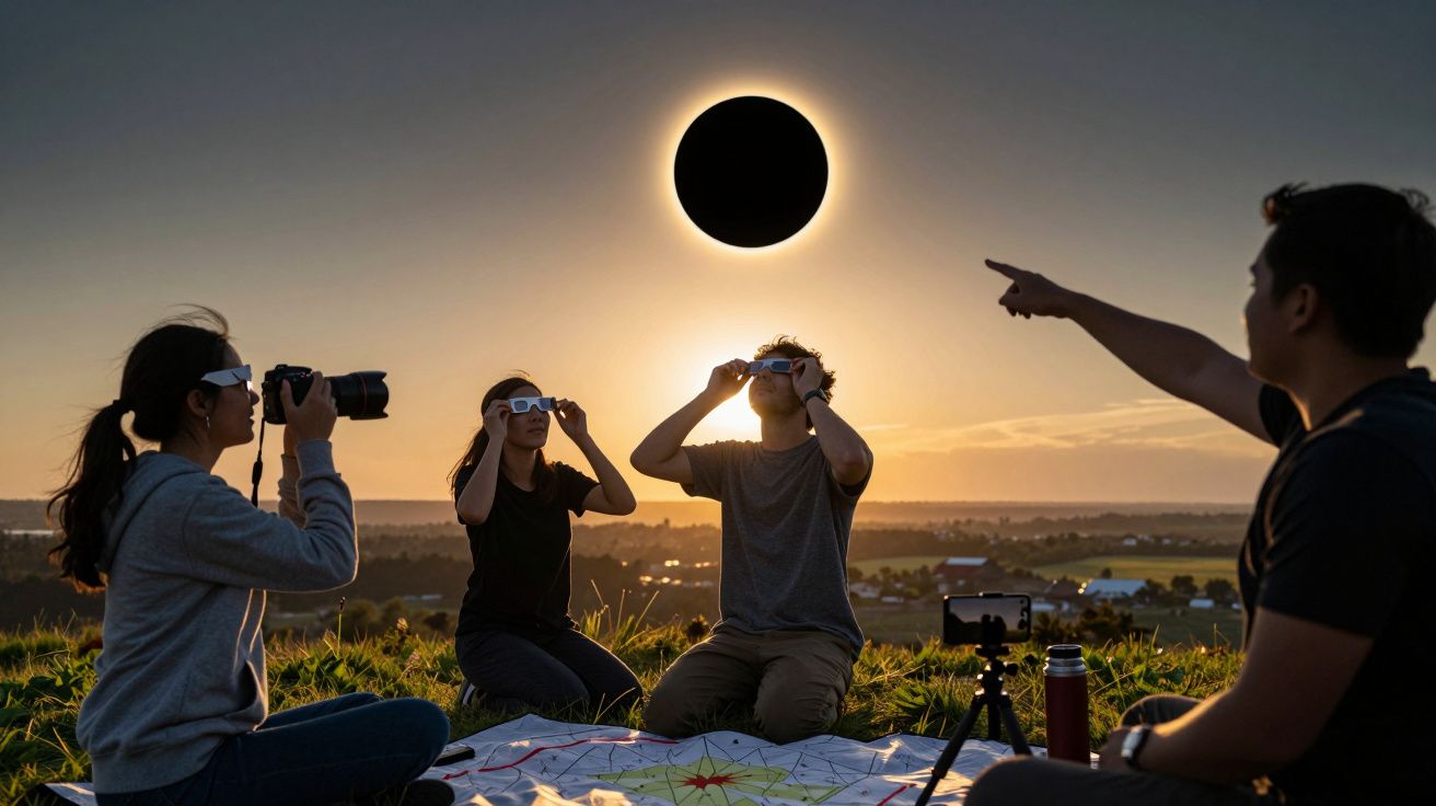 Grupo observa eclipse solar com óculos de proteção, ao pôr do sol, num campo.
