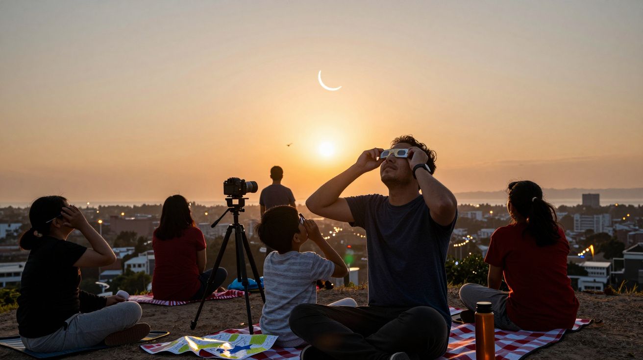 Pessoas sentadas ao ar livre observam um eclipse solar ao pôr do sol com óculos especiais, com a cidade ao fundo.
