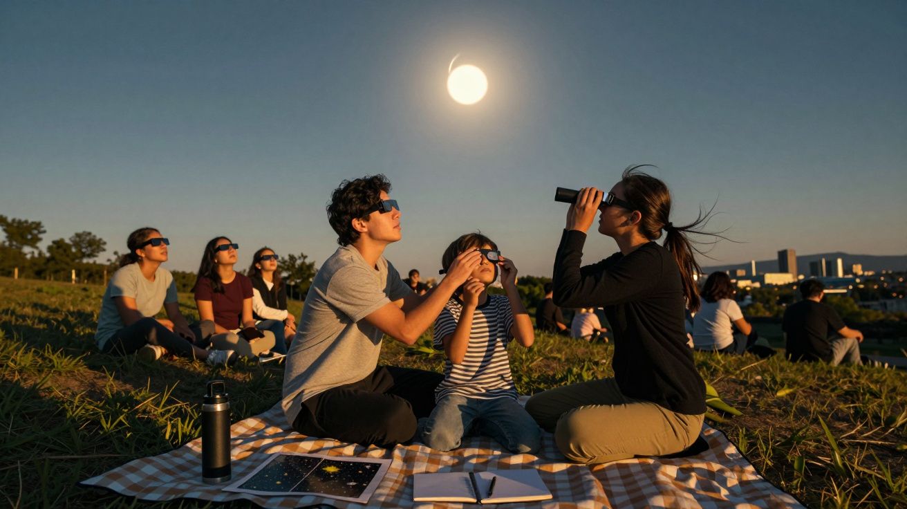 Grupo de pessoas observa eclipse solar num campo, usando óculos de proteção e binóculos, sentados num cobertor.