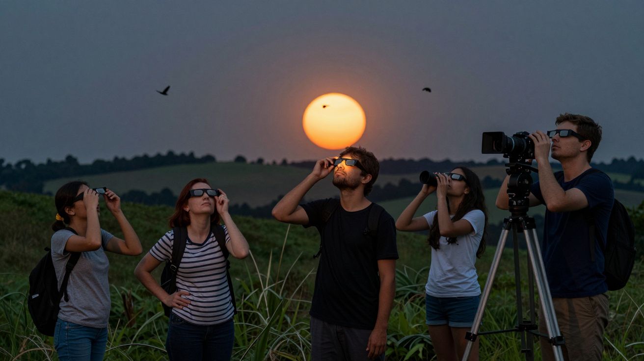 Grupo observa o eclipse solar com óculos de proteção num campo ao entardecer, com câmaras montadas em tripés.