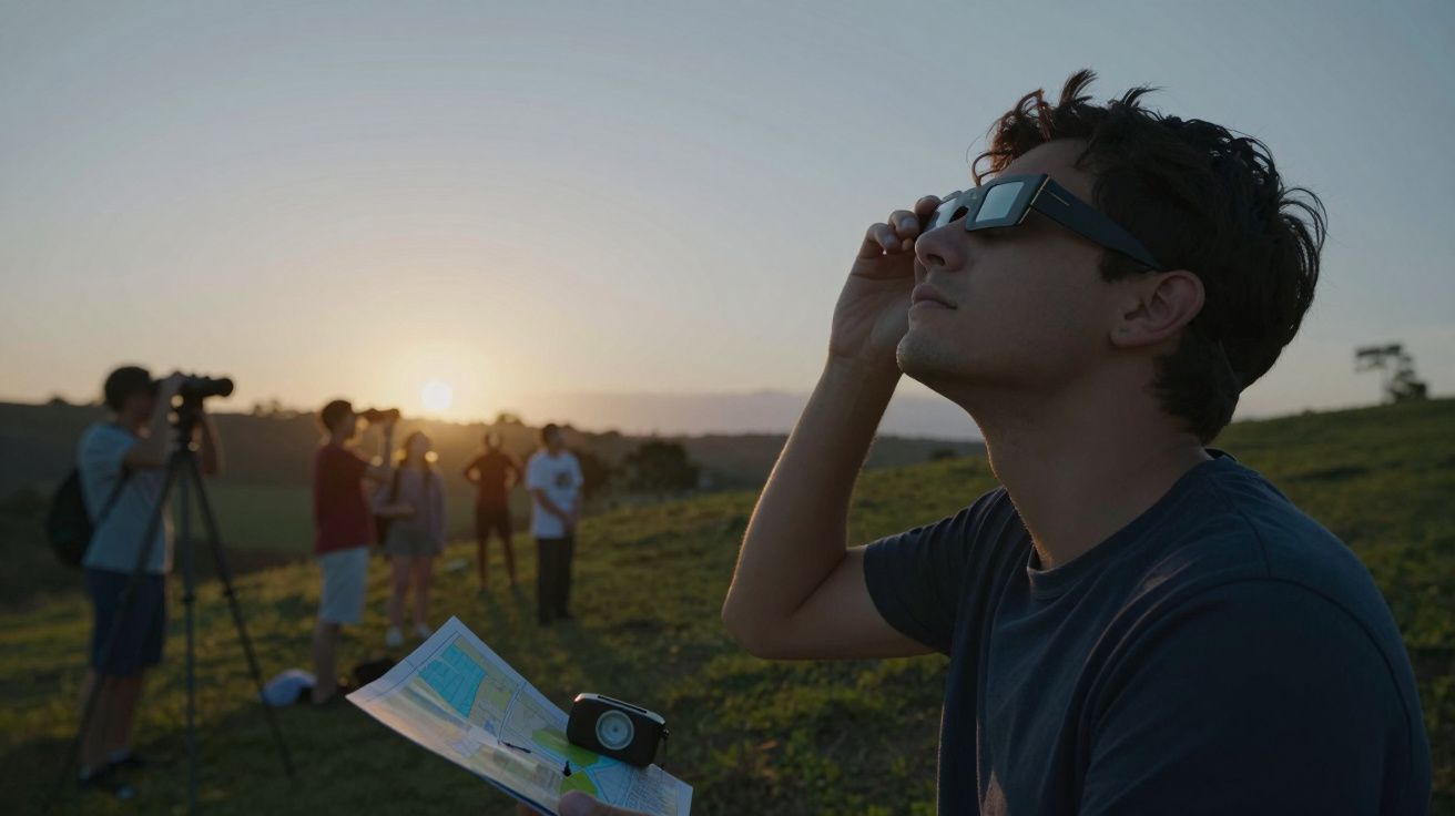 Homem com óculos de proteção observa o sol ao pôr do sol, enquanto outras pessoas preparam câmeras no campo.