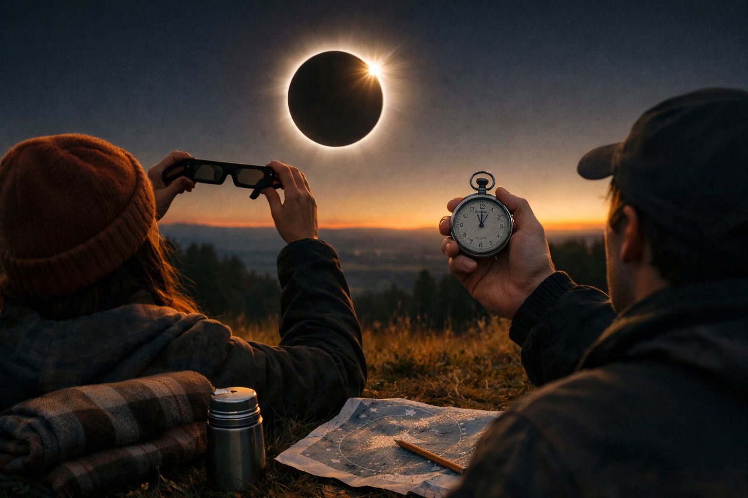 Pessoa de óculos escuros observa eclipse solar total em campo com pessoas e telescópio ao fundo.