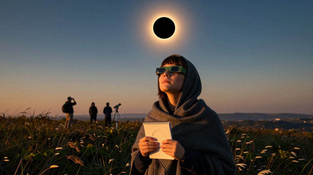 Mulher observa um eclipse solar com óculos especiais, segurando bloco de notas. Pessoas e telescópio ao fundo no campo.