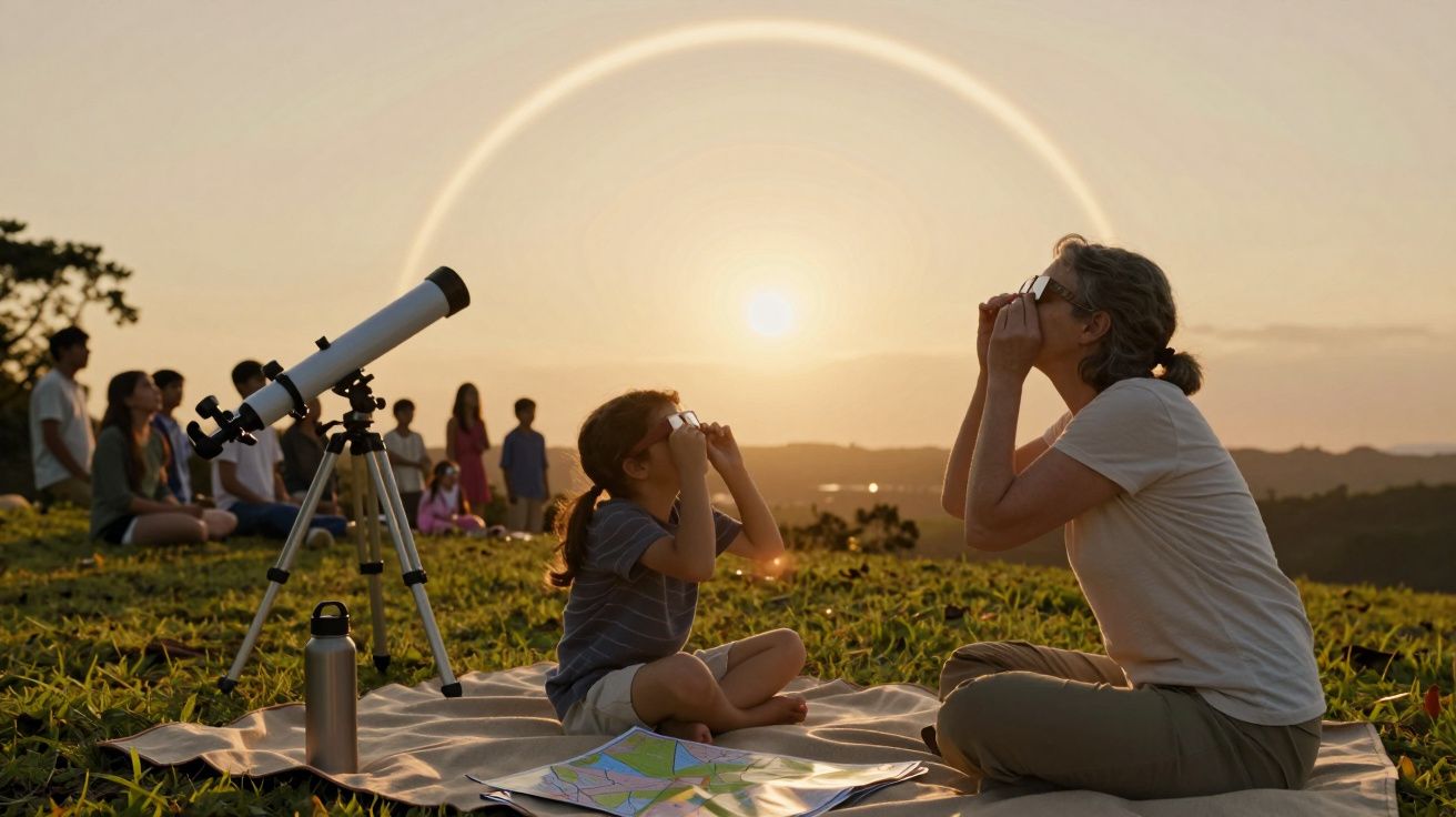 Criança e adulto observam o céu com binóculos ao pôr do sol num campo, rodeados por grupo de pessoas e um telescópio.