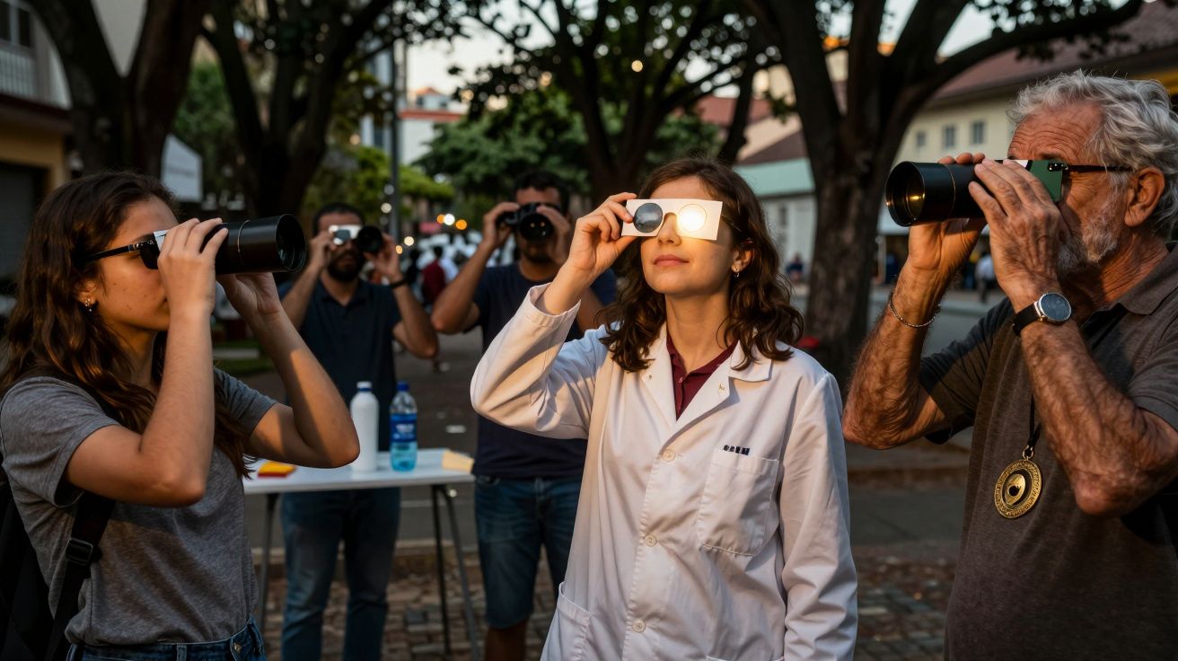 Grupo observa o céu com telescópios e filtros solares, ao ar livre, em ambiente urbano.