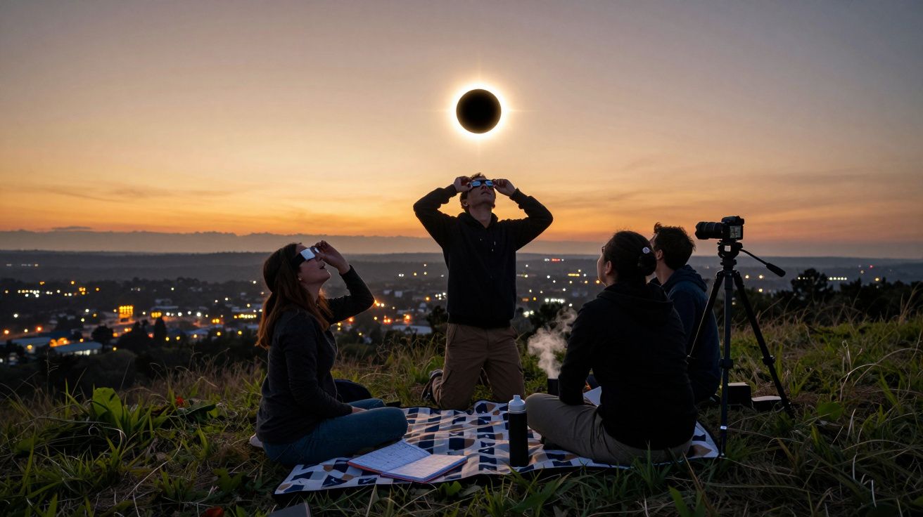 Pessoas observam um eclipse solar ao entardecer, sentadas num campo com uma manta, enquanto uma câmara está montada.